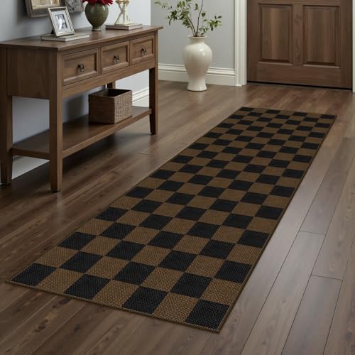 Rugalia Easy Jute Checkered Runner Rug, 2x6 Coffee Modern Washable Rugs Runner for Hallway Non-Slip Kitchen Runner Rug, Farmhouse Checkerboard Indoor Outdoor Carpet for Porch Laundry Entryway - color: Coffee Checkered, size: 2' x 6' (Runner)