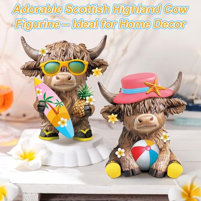 Karenhi 2 Pcs Highland Cow Figurines Summer Decor, Beach Tabletop Statues - style: Summer