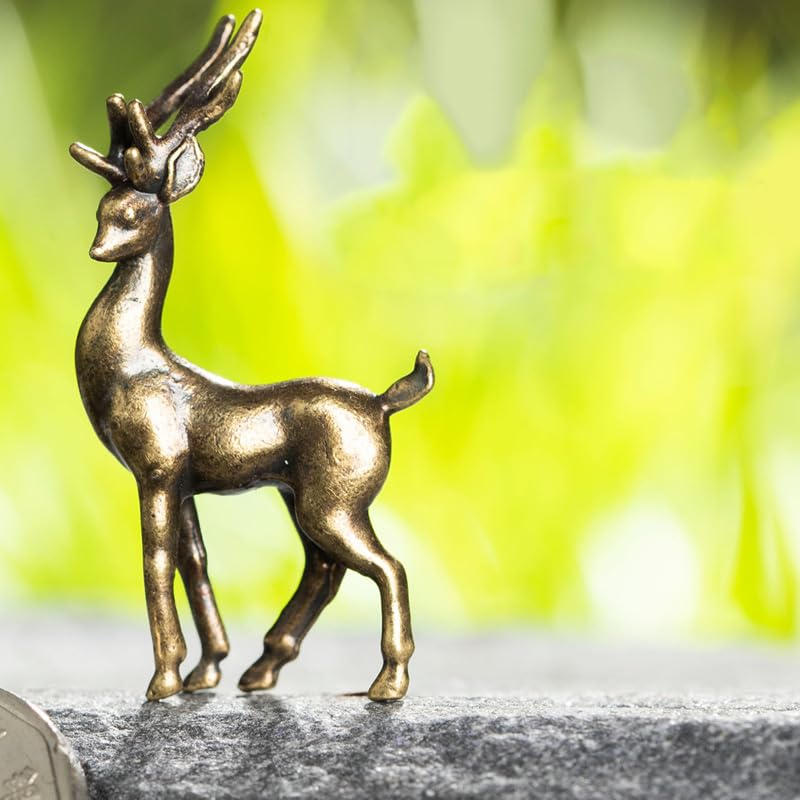 2PC Handcrafted Brass Deer Statues, Small Collectible Decorative Animal Sculptures for Miniature Indoor Decor