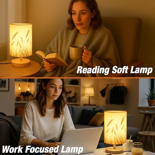 Desk Lamp LED Bulb Included, Small Bedside Table Lamp Plug-in - Classic Wood Base with Flaxen Fabric Shade, Lamps for Night Stands, Simple Nightstand Light for Bedroom, Office, Desk - color: Wheat Ear