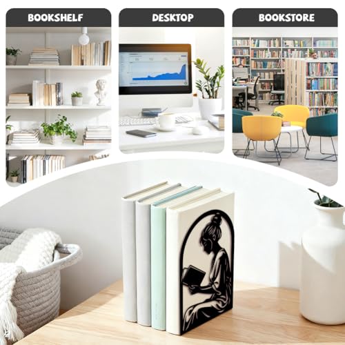 Peacoblue 5.3"x4.3"x7.9" Metal Bookends, Heavy Duty Book Ends for Shelves - style: Reading Girl