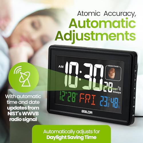 Baldr Digital Alarm Atomic Clock, 7'' Display with Adjustable Brightness - color: Black