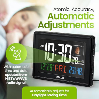 Baldr Digital Alarm Atomic Clock, 7'' Display with Adjustable Brightness - color: Black