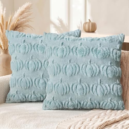 AVOIN colorlife Blue Fall Pumpkin Throw Pillow Covers 18x18 Inch - color: Blue, size: 18" x 18" (Pack of 2)