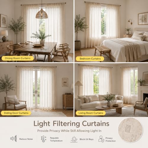 Linen Textured Sheer Curtains for Living Room Rod Pocket Top - color: White, size: 52"W x 96"L (Pack of 2)