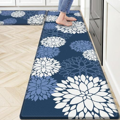 Kitchen Mats 2 Piece Set, Anti Fatigue Non Slip Cushioned Floor Rugs, Blue - size: 17.3"W×70"L+17.3"W×30"L-0.4"Th