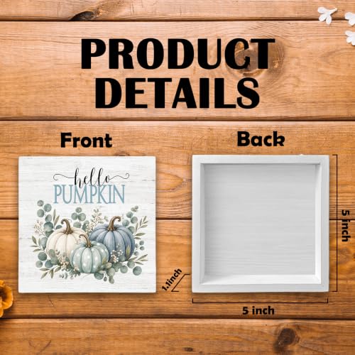 Hello Pumpkin Fall Eucalyptus Botanical Wood Box Sign Desk Decor 5X5 - color: Sage Green & Blue