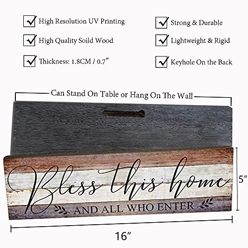 Farmhouse Family Wall Decor Rustic Wood Hanging Wall Art - Bless This Home And All Who Enter - Family Signs for Home Decor Inspirational Quotes for Hallway, Kitchen, Living Room 16"x5"