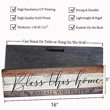 Farmhouse Family Wall Decor Rustic Wood Hanging Wall Art - Bless This Home And All Who Enter - Family Signs for Home Decor Inspirational Quotes for Hallway, Kitchen, Living Room 16"x5"