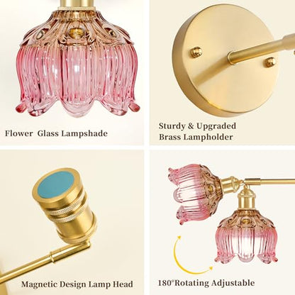 Battery Operated Wall Sconces Set of 2, Green Tulip Glass Wall Lights | Rechargeable flower wall lamps with remote control, 15 colors, 10-level dimming and timer for bedroom and living room - color: Flower Pink