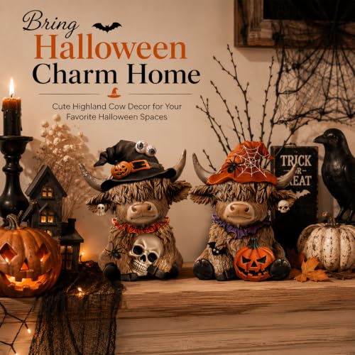 Karenhi 2 Pcs Highland Cow Figurines, Halloween Tabletop Statues Decor - style: Halloween