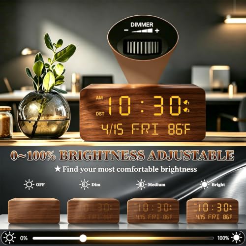 Premium Brown Wooden Digital Alarm Clock with Wireless Phone Charger, Dual USB Charging Ports, Dimmable LED Display, Date and Day of Week, Small Digital Desk Clock for Bedroom Nightstand Bedside Table - color: Brown