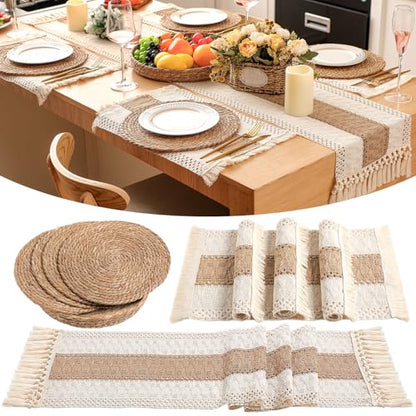 Boho Table Runner and Placemats Set, 4 Sets, Brown, 12x72 - color: Brown, size: 12x72"