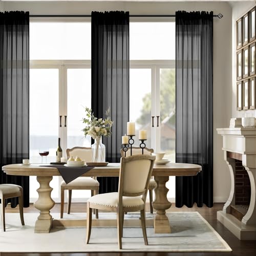 Halloween Decor 72 Inch Length Black Sheer Curtains Set of 2 Panels Rod Pocket See Through Voile Window Curtains for Bedroom Living Room 52x72 Inches Long - color: Black, size: 52"W x 72"L (Pack of 2)