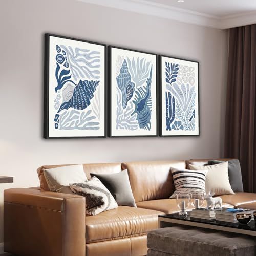 Large Framed Marine Life Wall Art, Minimalist Ocean Decor, 24"x36"x3 - color: blue, size: 24"x36"x3 Framed