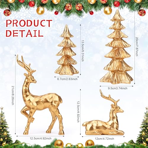 4-Piece Gold Christmas Tree Figurines and Resin Elk Sculpture Small Resin Christmas Trees,Tabletop Tree Artificial Animal Crafts for Indoor Home Decor,Tabletop Mantle Cabinet Desktop Offic