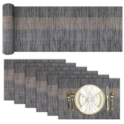 Aofmee Table Runner and Placemats Set of 6 Washable, Heat Resistant Place Mats with Table Runner, Woven Vinyl Table Placemats for Dining Table, Stain Resistant Kitchen Table Mats Sets, Easy to Clean - color: Stripe-black, size: Set of 7