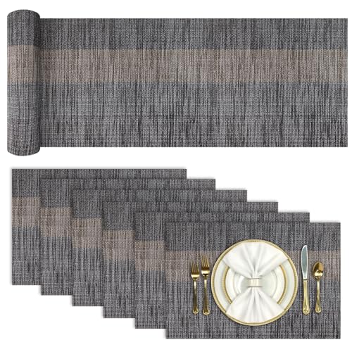 Aofmee Table Runner and Placemats Set of 6 Washable, Heat Resistant Place Mats with Table Runner, Woven Vinyl Table Placemats for Dining Table, Stain Resistant Kitchen Table Mats Sets, Easy to Clean - color: Stripe-black, size: Set of 7