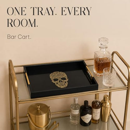 Gothic Skull Serving Tray, Black Gloss, Gold Handles by Death Decor - style: SKULL
