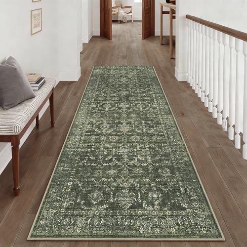 3x8 Washable Kitchen Runner Rug Non-Slip Boho Dark Green Throw Carpet - color: Dark Green, size: 3' x 8' (Runner)