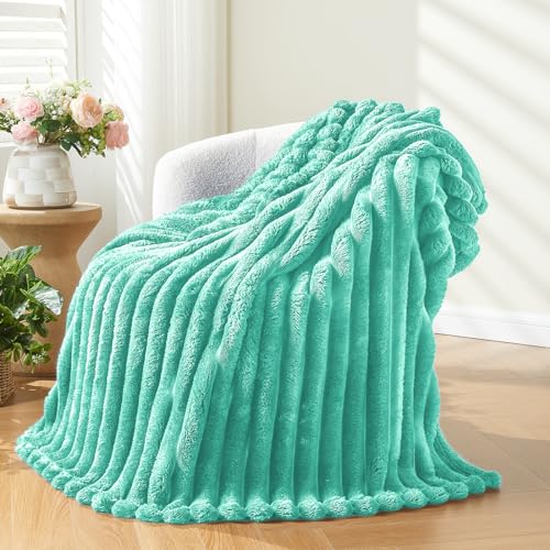 NEWCOSPLAY Fleece Ribbed Cozy Queen Blanket for Couch, Aqua, 90"x90" - color: Aqua Ribbed, size: Queen(90"x90")