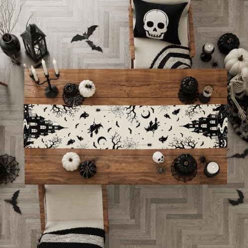 Halloween Decorations - Gothic Haunted House Witch Ghost Bat Table Runner - color: Halloween Haunted House