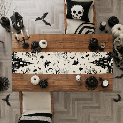 Halloween Decorations - Gothic Haunted House Witch Ghost Bat Table Runner - color: Halloween Haunted House
