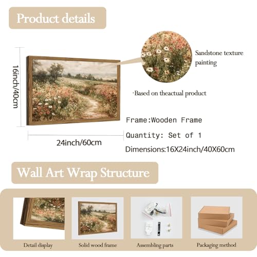 Vintage Floral Wall Art Nature Country Wildflower Wall Decor Painting Modern Botanical Flower Farmhouse Landscape Artwork 3D Textured Sandstone for Living Room Bedroom 16x24 inch Wood Framed - color: Color A, size: 24"L x 16"W