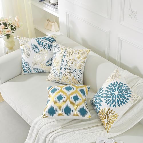 TAOSON Pack of 4 Aqua Blue & Gold Throw Pillow Covers 18x18 Inch - Luxury Geometric Shell Pattern Cushion Cases with Bronzing Print, Soft Decorative Pillows for Sofa Living Room Bed - color: Aqua Blue, size: 18" x 18" (Pack of 4)
