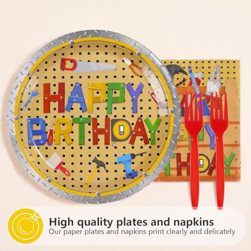 96 Pcs Tools Birthday Handyman Tool Party Decorations, Serves 24 - style: Color Tool Birthday Plates