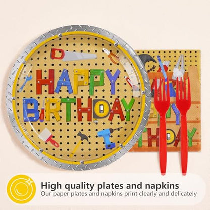 96 Pcs Tools Birthday Handyman Tool Party Decorations, Serves 24 - style: Color Tool Birthday Plates