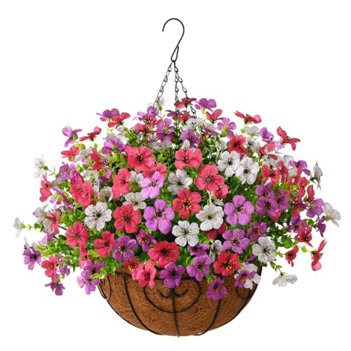 Artificial Hanging Flowers Basket for Outdoor, UV Resistant Plants Daisy - color: Purple White Rose