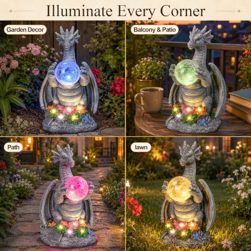 Solar Dragon Garden Statues Outdoor Decor, Resin Pterosaur Figurine Decoration with Glass Ball Lantern, Cute Sculpture for Patio, Yard, Lawn, Perfect Garden Gift for Women Mom Grandma