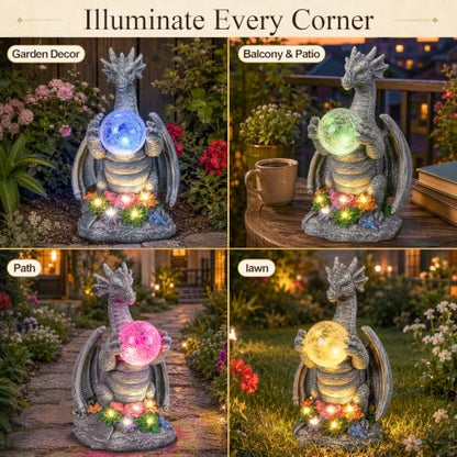 Solar Dragon Garden Statues Outdoor Decor, Resin Pterosaur Figurine Decoration with Glass Ball Lantern, Cute Sculpture for Patio, Yard, Lawn, Perfect Garden Gift for Women Mom Grandma