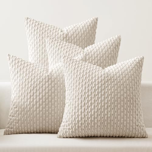 MIULEE Beige Decorative Throw Pillow Covers for Couch Living Room 18x18 Inch Soft Pillow Cases Set of 4 Boho Striped Corduroy Farmhouse Cushion Covers Home Decor for Sofa Bed - color: Beige