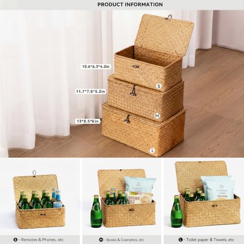 Nonam Wicker Storage Basket with Lid,Seagrass Shelf Basket Set of 3,Nautral - color: Standard Natural* Set of 3