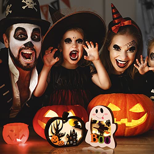 CCINEE 2pcs Halloween Lighted Wooden Table Decoration, Ghost Pumpkin Tabletop Centerpieces LED Boo Spooky Sign for Trick or Treat Halloween Party Dinner Coffee Table Topper Tier Tray Room Decor