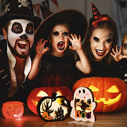 CCINEE 2pcs Halloween Lighted Wooden Table Decoration, Ghost Pumpkin Tabletop Centerpieces LED Boo Spooky Sign for Trick or Treat Halloween Party Dinner Coffee Table Topper Tier Tray Room Decor