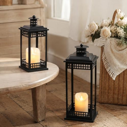 2 Pcs Decorative Lanterns Indoor, Black Lanterns with Candle for Home Decor - size: 17in and 11in
