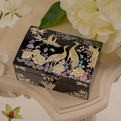 February Mountain Mother of Pearl Jewelry Box – Christmas, Birthday, Valentine’s Day & Mother’s Day Gift for Women, Wedding Keepsake, Elegant Holiday Stocking Stuffer (Cranes in Bloom) - color: Cranes in Bloom