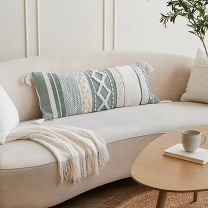 Decorative Boho Lumbar Pillow Cover 14x36 - Soft Textured Throw Pillow - color: Sage