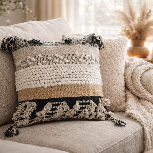 Throw Boho Pillow Cover, 18”x18” Bohemian Moroccan Rustic Decorative Pillows with Tufted Accents, Plush Handwoven Cotton, Textured Woven Neutral Farmhouse Scandinavian Home Decor - color: Black - Square 18x18
