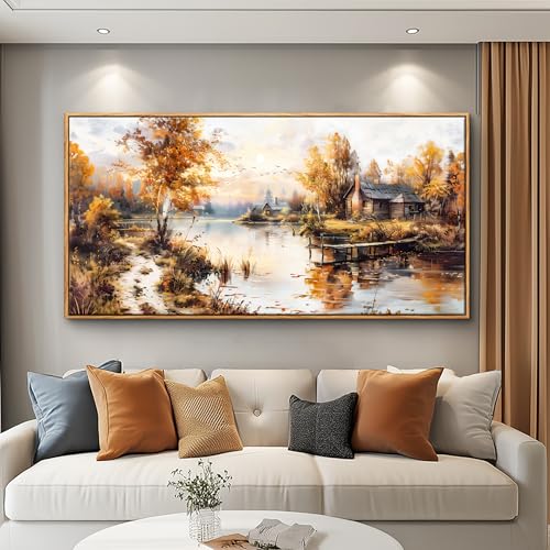 QIYILEXWART Canvas Wall Art For Living Room Wall Decor For Bedroom Office Wall Decoration Lakeside Cabins Autumn Landscape Painting Farmhouse Pictures Artwork Room Aesthetic Home Decor 20x40 In - color: Lakeside Cabins Autumn Print, size: 40"L x 20"W