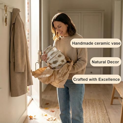 12 Inch Large Cermaic Vase, Rustic Farmhouse Flower Vase with Handmade Speckled Pottery, Brown Decorative vases for Table & Entryway Centerpiece Home Decor