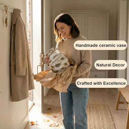 12 Inch Large Cermaic Vase, Rustic Farmhouse Flower Vase with Handmade Speckled Pottery, Brown Decorative vases for Table & Entryway Centerpiece Home Decor