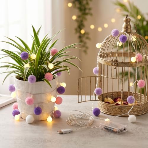 9.84FT Pom Poms Fairy Lights 30 LED Battery & USB Operated String Lights - color: Purple, size: 9.84 FT