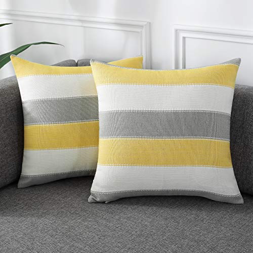 AmHoo Pack of 2 Farmhouse Stripe Check Throw Pillow Covers Set Case Cotton Linen Decorative Pillowcases Cushion Cover for Couch Bench Sofa 18x18Inch Yellow Beige - color: Yellow Beige, size: 18" x 18" (Pack of 2)