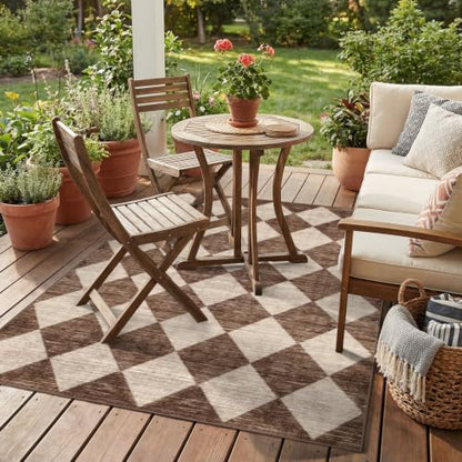 4x6 Covered Outdoor Patio Rug - Brown Beige Checkered Entry Rug - color: Diamond - Brown Beige, size: 4' x 6' (Rectangular)