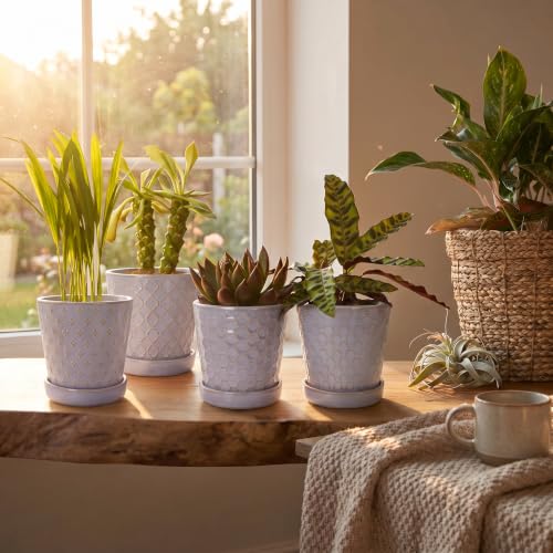 EFISPSS Ceramic Plant Pots, 5 Inch Planters with Drainage Holes and Ceramic Tray, Relief Design Flower Planter, Desktop Office Windowsill Decoration Gift Set of 4 - Lavender - color: Lavender