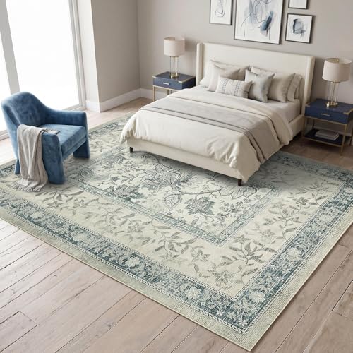 GarveeHome Vintage Blue Area Rug 8x10 for Living Room Washable Cottage Core Retro Farmhouse Low-Pile Stain Resistant Large Carpet for Bedroom Dining Room Home Office TPE Backing Indoor Decor - color: Vintage Blue, size: 8' x 10' (Rectangular)